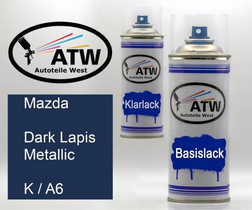 Mazda, Dark Lapis Metallic, K / A6: 400ml Sprühdose + 400ml Klarlack - Set, von ATW Autoteile West.